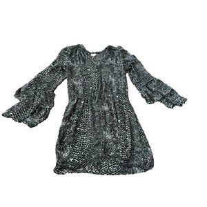 Parker Womens Gray Snakeskin Print V Neck Dress Long Bell Sleeve Size Large‎